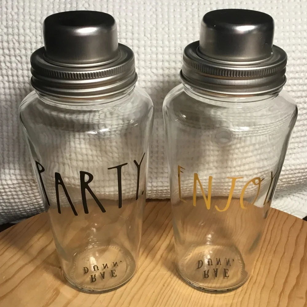 🍸Rae Dunn Cocktail Shaker Shake Party and Enjoy Clear Glass & Metal Lot 2
